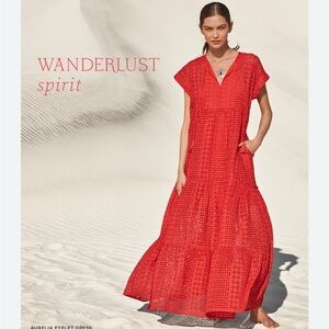 Johnny Was Aurelia Eyelet Red Silk Bohemian Summer Maxi Dress Cover Up Size XL